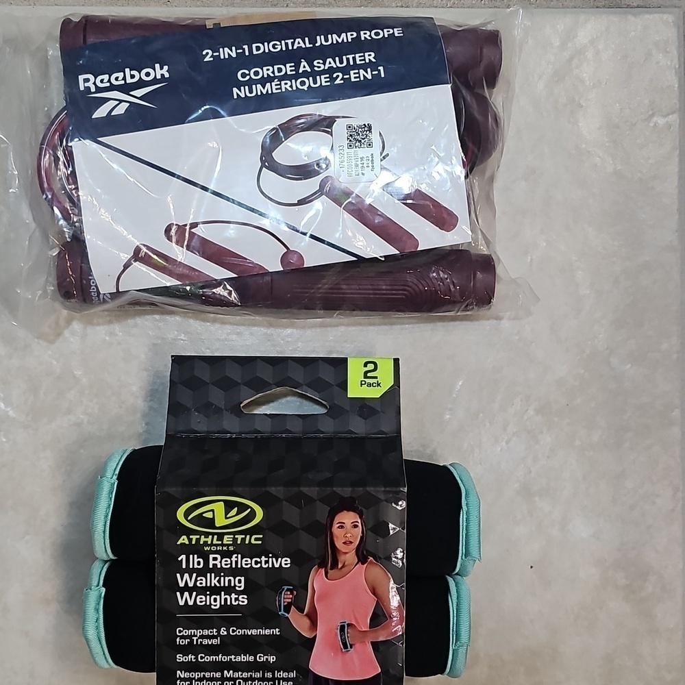 NEW Bundke Workout Reebok Fitness Smart Jump Rope & Athletic Works 1 pnd weights